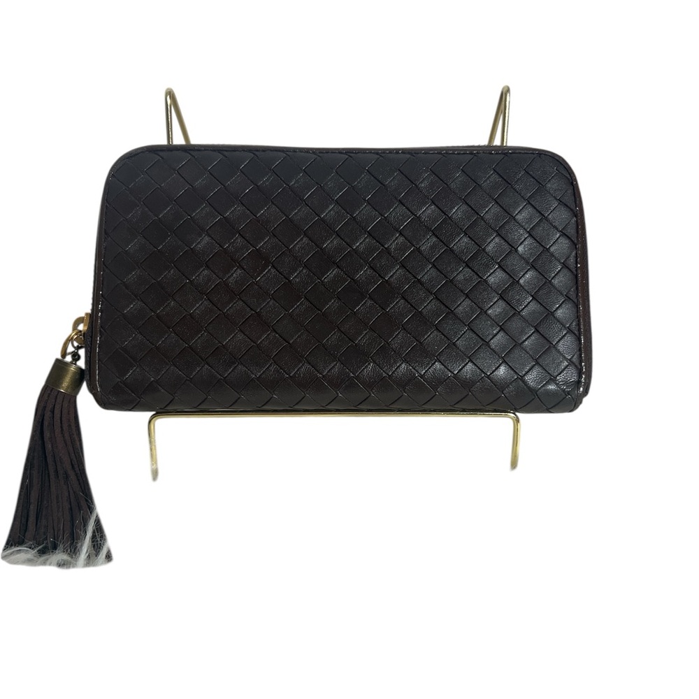 Bottega Veneta Black Woven Leather Wallet with Tassel